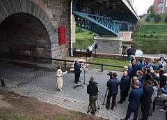 Restored historical plaques in honor of the reunification of Belarus installed on the Old Bridge in Grodno